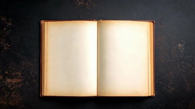 Open book with blank pages lies flat on a textured dark surface, ready for content or a creative concept to be placed.