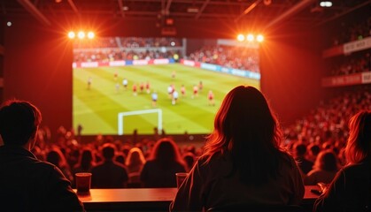 Watching exciting soccer match from a women's sports bar with cheering female fans and big screen, vibrant atmosphere celebrating team spirit and equality in sports - concept of sports bar