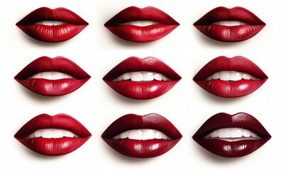 Obraz premium Nine close-up shots of luscious red lips, showcasing variations in shade and shine