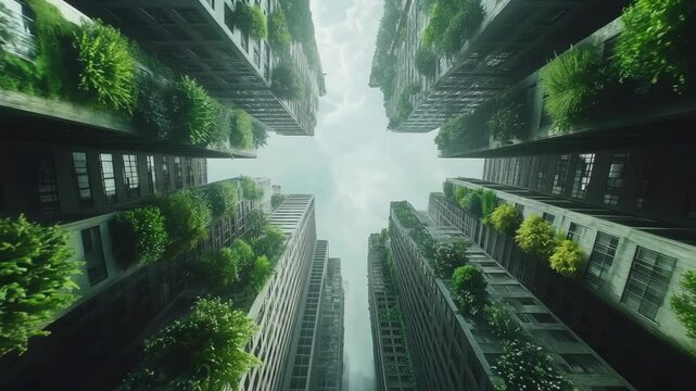 Looking upward between tall green-covered skyscrapers, this video captures sustainable urban design with vertical gardens eco-friendly architecture, blending nature with modern city life in harmony
