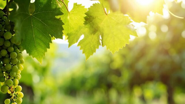 Sunlit vineyard canopy with a vibrant green grape bunch hanging, leaves, and bokeh background in a warm summer setting