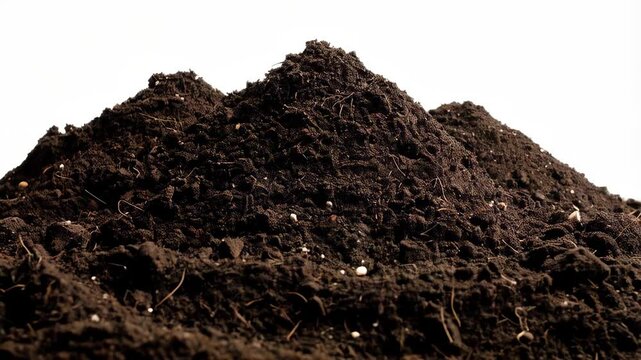 Three piles of rich dark brown soil arranged against a bright white background, close-up, topsoil ready for planting, gardening concept