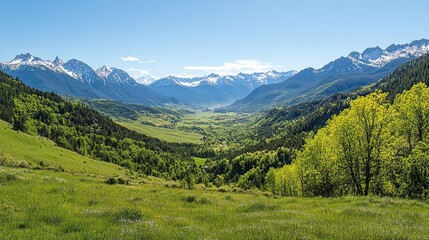 Fototapeta premium Panoramic mountain valley landscape with lush vegetation and snow-capped peaks
