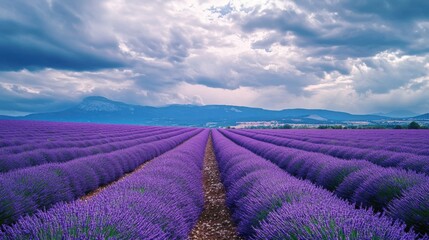 Fototapeta premium Panoramic vista of lavender fields under a sky adorned with dramatic clouds