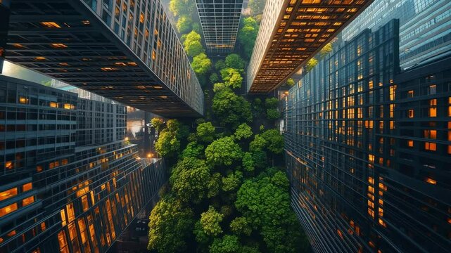 Bird&rsquo;s-eye view of skyscrapers surrounding a dense green forest at street level, showcasing harmony between urban development and nature in a futuristic, eco-conscious city environment.