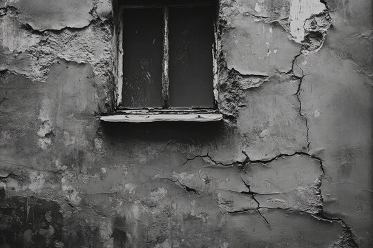 A weathered window in a crumbling wall