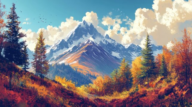 Scenic autumn mountain landscape featuring vibrant foliage and snow-capped peaks