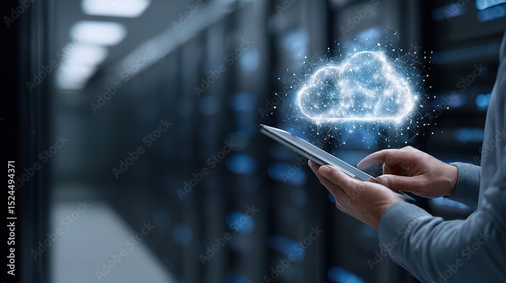 Poster cloud computing concept with mobile tablet in data center environment