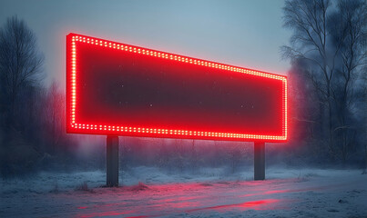 Illuminated, red-rimmed sign stands on snowy ground against a blurry forest under a dull sky