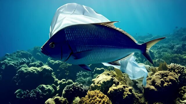 Fish entangled in plastic swimming over vibrant coral reef ecosystem in clear ocean water environment suffering from waste pollution.