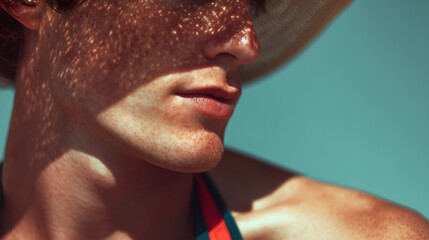 Close-up of young man's lower face with freckles and sunlit hat casting patterned shadows, evoking a relaxed summer vibe.