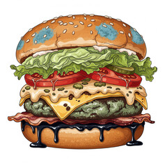 Spoiled hamburger with moldy cheese and dripping liquid highlights food waste and recycling awareness in a bold cartoon illustration.