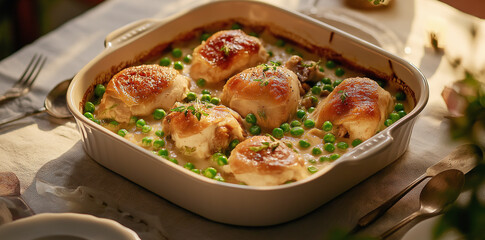 Chicken thighs dinner in a casserole dish on a dinner table