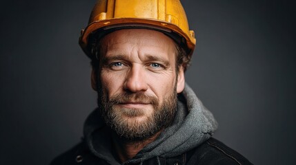 Fototapeta premium Portrait of Construction Worker with Hard Hat and Strong Expression