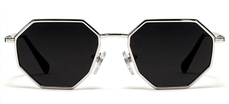Octagonal sunglasses with silver frame and dark lenses