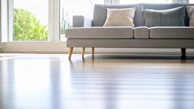 Bright living room featuring a gray sofa, a plant, and a polished hardwood floor in a modern apartment