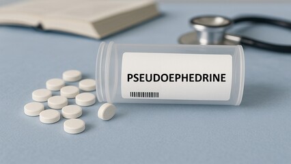 Obraz premium Pseudoephedrine is a decongestant commonly combined with antihistamines in medications to treat allergy and cold symptoms.Box of tablets
