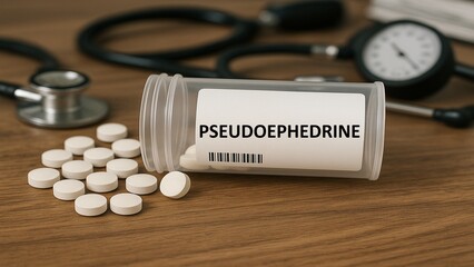 Pseudoephedrine is a decongestant commonly combined with antihistamines in medications to treat allergy and cold symptoms.Box of tablets