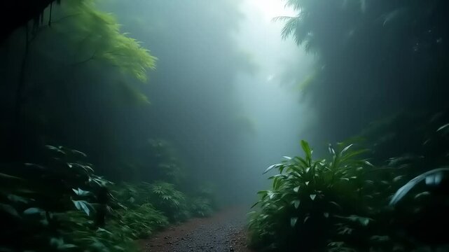 Misty Forest Path with Lush Greens.