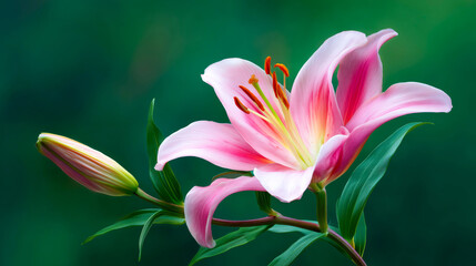 Fototapeta premium A vibrant pink lily blooms gracefully, showcasing delicate petals against a soft green backdrop, symbolizing beauty and purity.