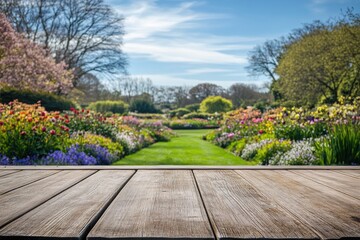 Fototapeta premium Vibrant floral garden scene with wooden foreground
