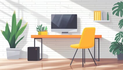 Sunny workspace with computer and plants