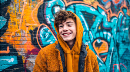 A young man smiles brightly against a vibrant graffiti wall, showcasing a blend of urban style and youthful energy.