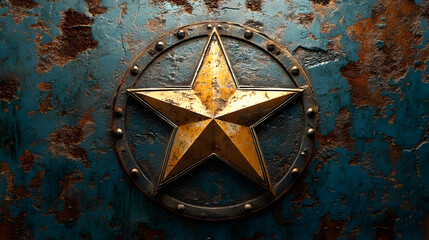 metal shield with a golden star emblem mounted on a distressed blue and rusty textured background conveying strength and honor