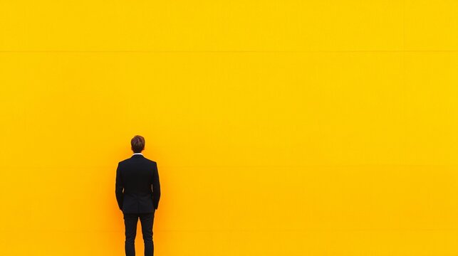 Individual in a business suit standing against a vibrant yellow wall, contemplating life choices at a creative urban location