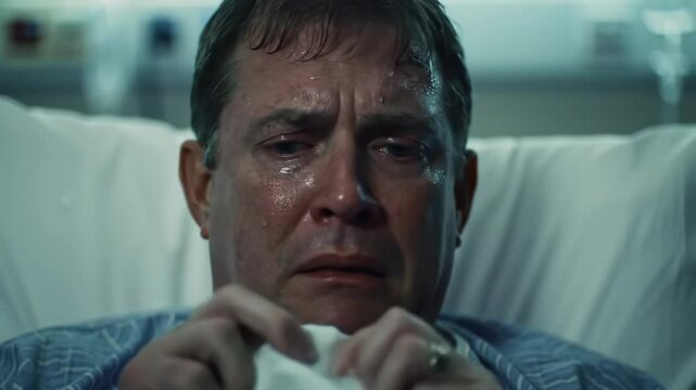 A man sits in a hospital bed, visibly distressed and afraid. His emotions surface as he clutches the sheets, evoking the struggle of facing a daunting medical situation