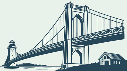 Obraz premium Lighthouse and Suspension Bridge Coastal Scene
