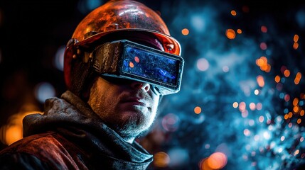 Professional Engineer in Safety Gear with Virtual Reality Goggles
