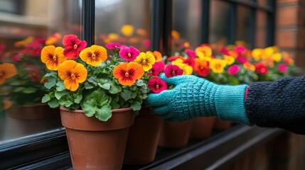 Obraz premium Colorful pansies in terracotta pots on a windowsill.