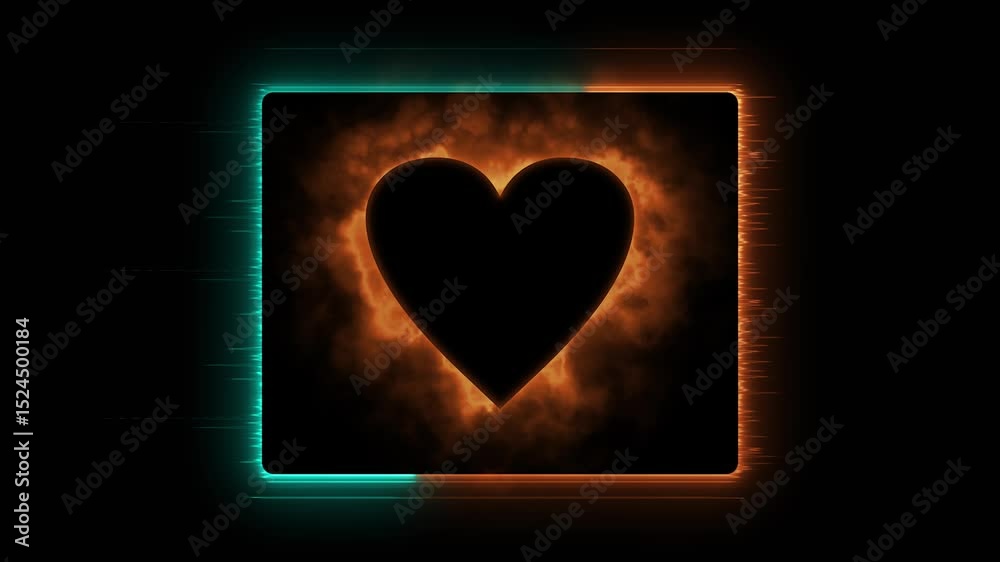 Wall mural an animation of glitchy square frame with a flaming glowing heart inside with smokey effects