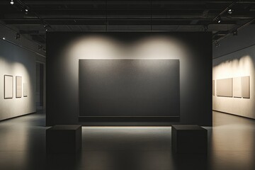 Dark gallery interior with spotlight on large, blank canvas