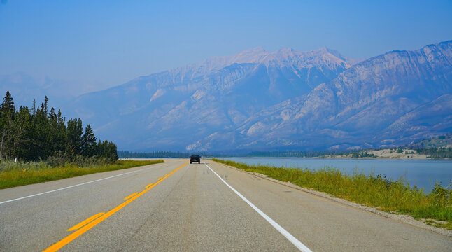 Yellowhead Highway along the banks of the Athabasca River in the Jasper National Park before the 2024 wildfire in Alberta, Canada