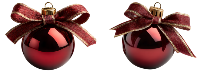 Two rich red christmas ornaments, adorned with goldtrimmed burgundy ribbons, isolated on transparent background