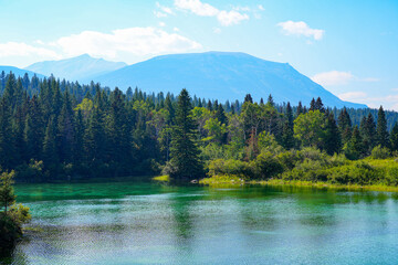 Second Lake of the Valley of the Five Lakes overlooked by Whistlers Peak in the Jasper National Park before the 2024 wildfire in Alberta, Canada