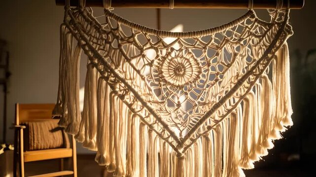 Handmade beige macrame decorative element suspended indoors in natural light