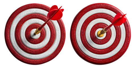 Two red and white dartboards, isolated on transparent background, each with a red dart precisely hitting the bullseye