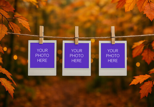 3 Polaroid Photos Mockup Hanging On Rope In Autumn Forest
