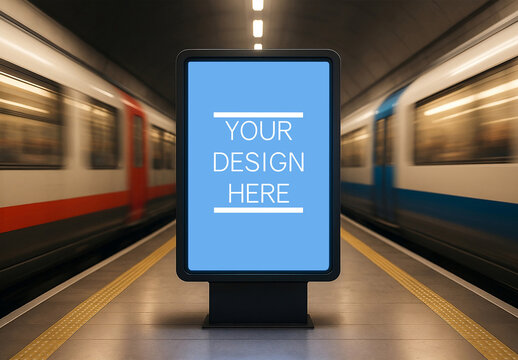 Freestanding Subway Billboard Mockup With Motion Blur Trains