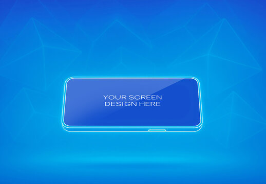 Futuristic Smartphone Mockup With Neon Outline On Blue Background