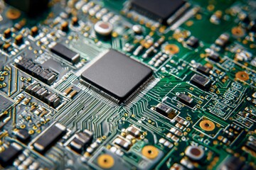 A detailed look at a computer circuit board filled with electronic components, including a prominent microchip, resistors, and capacitors, highlighting modern technology