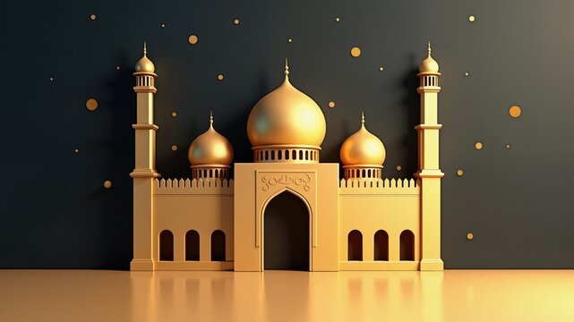 3D islamic mosque illustration for banner social media, gold, minimalist, eid fitr, eid adha, ramdhan kareem, muharam, islamic new year
