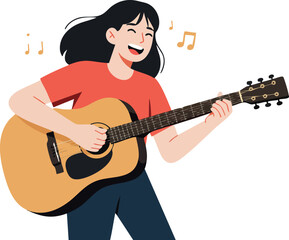 Obraz premium Woman playing acoustic guitar enjoying music with musical notes vector illustration 