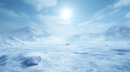 Vast, icy expanse of a mountainous, snowy landscape.