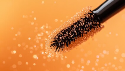 Close-up mascara wand with clear, textured bristles, surrounded by glittering particles against an orange background