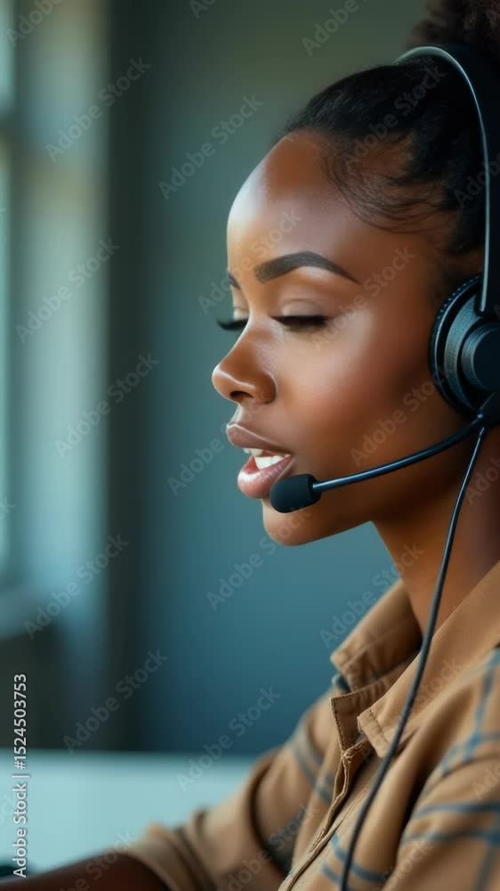 Poster a person using a laptop with a headset, suitable for illustrations about remote work or online meeti