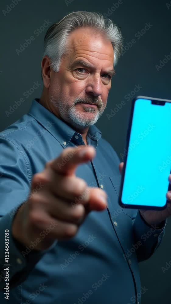 Poster a person holding up a smartphone with a blue screen, suitable for tech-related themes or depicting d
